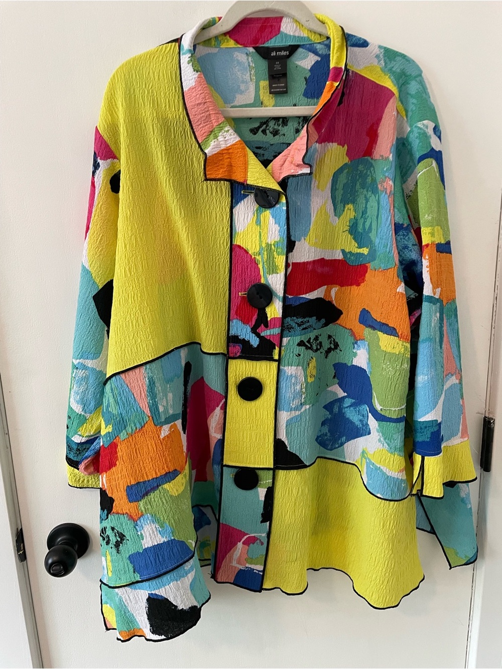 Ali Miles Women’s Abstract Print Crinkle Jacket Top Black Trim Artsy 3X  0116